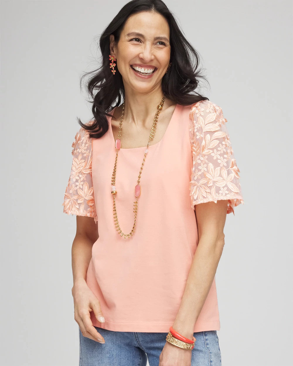 Coral Blossom Floral Sleeved Square-Neck Tee