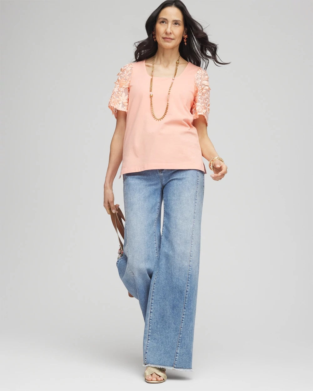 Coral Blossom Floral Sleeved Square-Neck Tee
