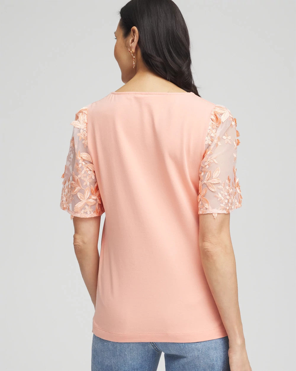 Coral Blossom Floral Sleeved Square-Neck Tee