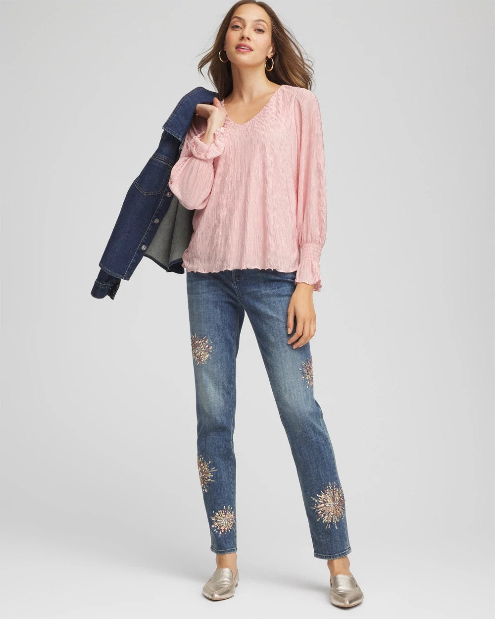 Blushed Crinkle Bodre Voop Neck Top