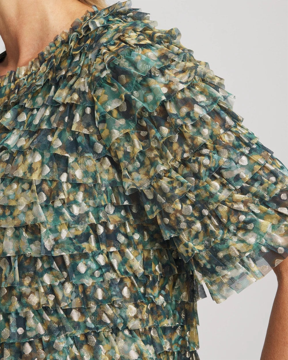 Darkest Spruce Foiled Mesh Ruffle Crop Tee