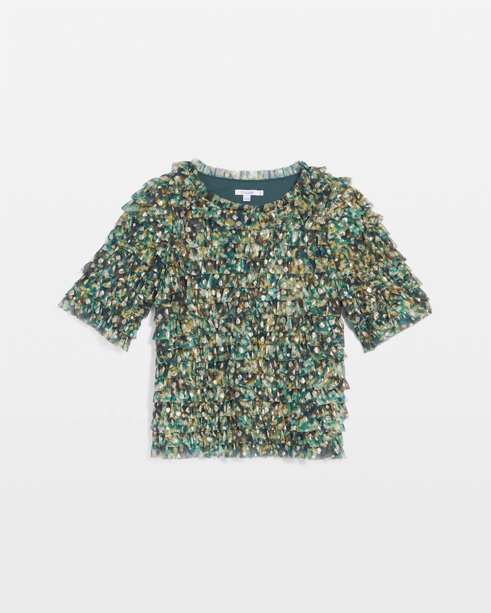 Darkest Spruce Foiled Mesh Ruffle Crop Tee