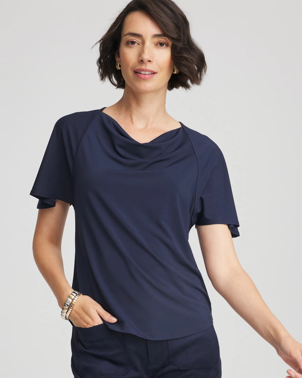 Passport Blue Jersey Knit Cowlneck Tee