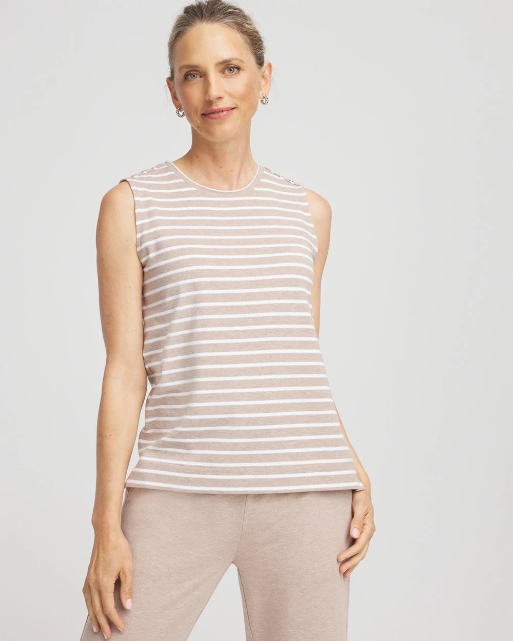 Light Taupe Heather Zenergy® UPF Sleeveless Metallic-Striped Tank