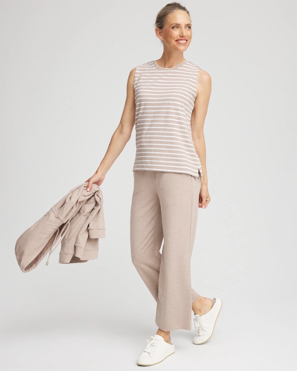 Light Taupe Heather Zenergy® UPF Sleeveless Metallic-Striped Tank