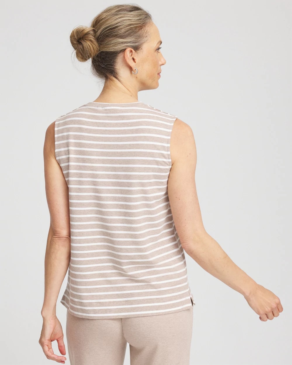 Light Taupe Heather Zenergy® UPF Sleeveless Metallic-Striped Tank
