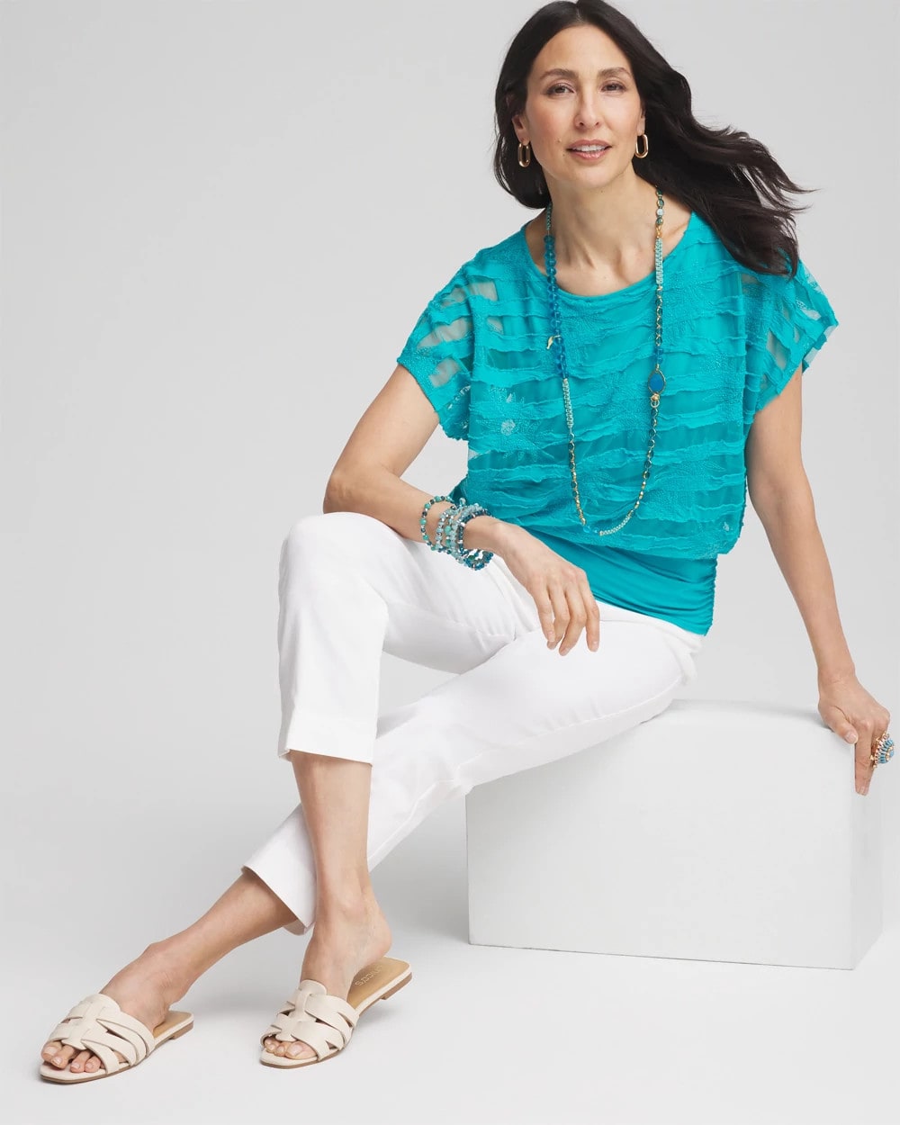 Seaspray Embroidered Striped Banded Bottom Top