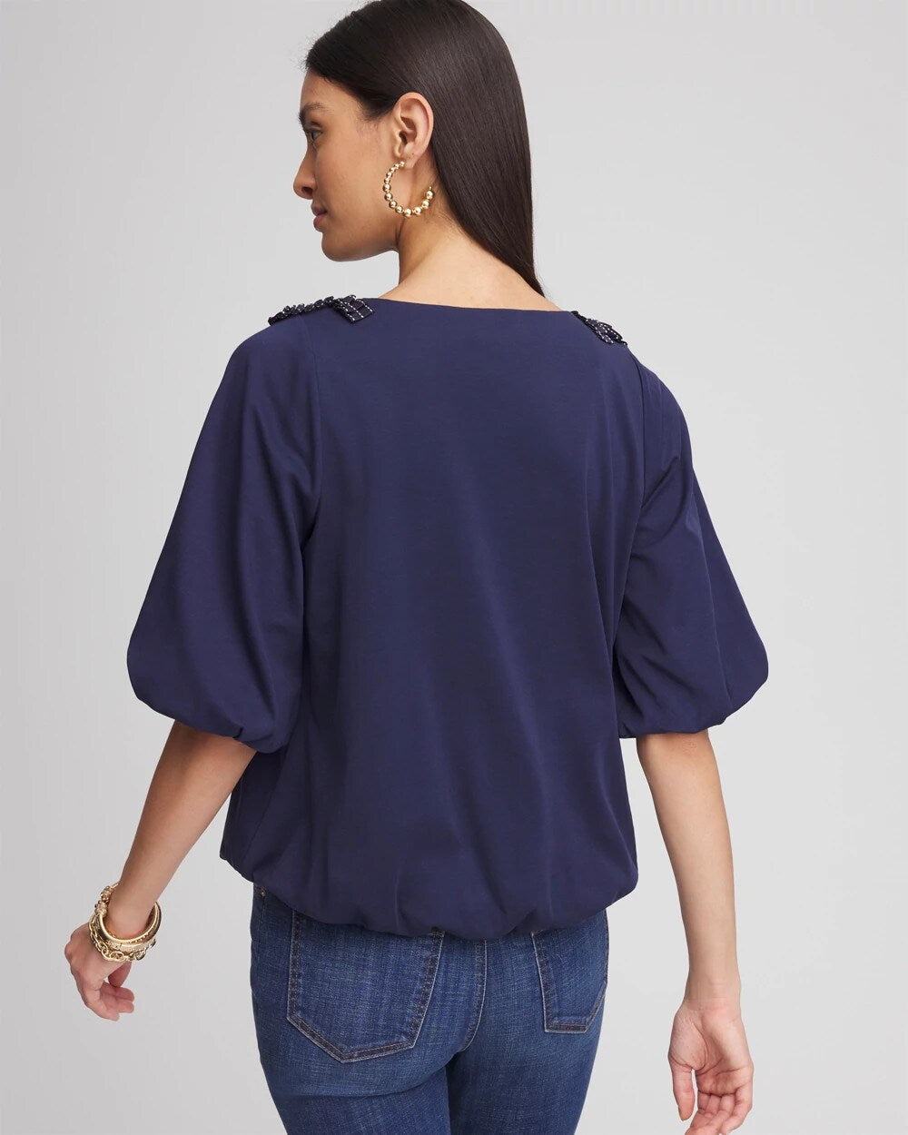 Passport Blue Bubble Hem Pleated Cotton Top