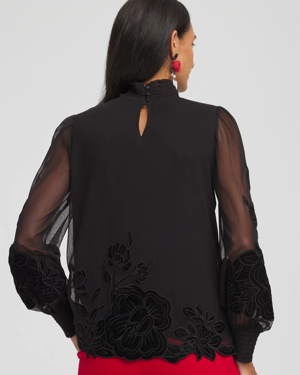 Black Sheer Mesh Velvet Appliqué Top