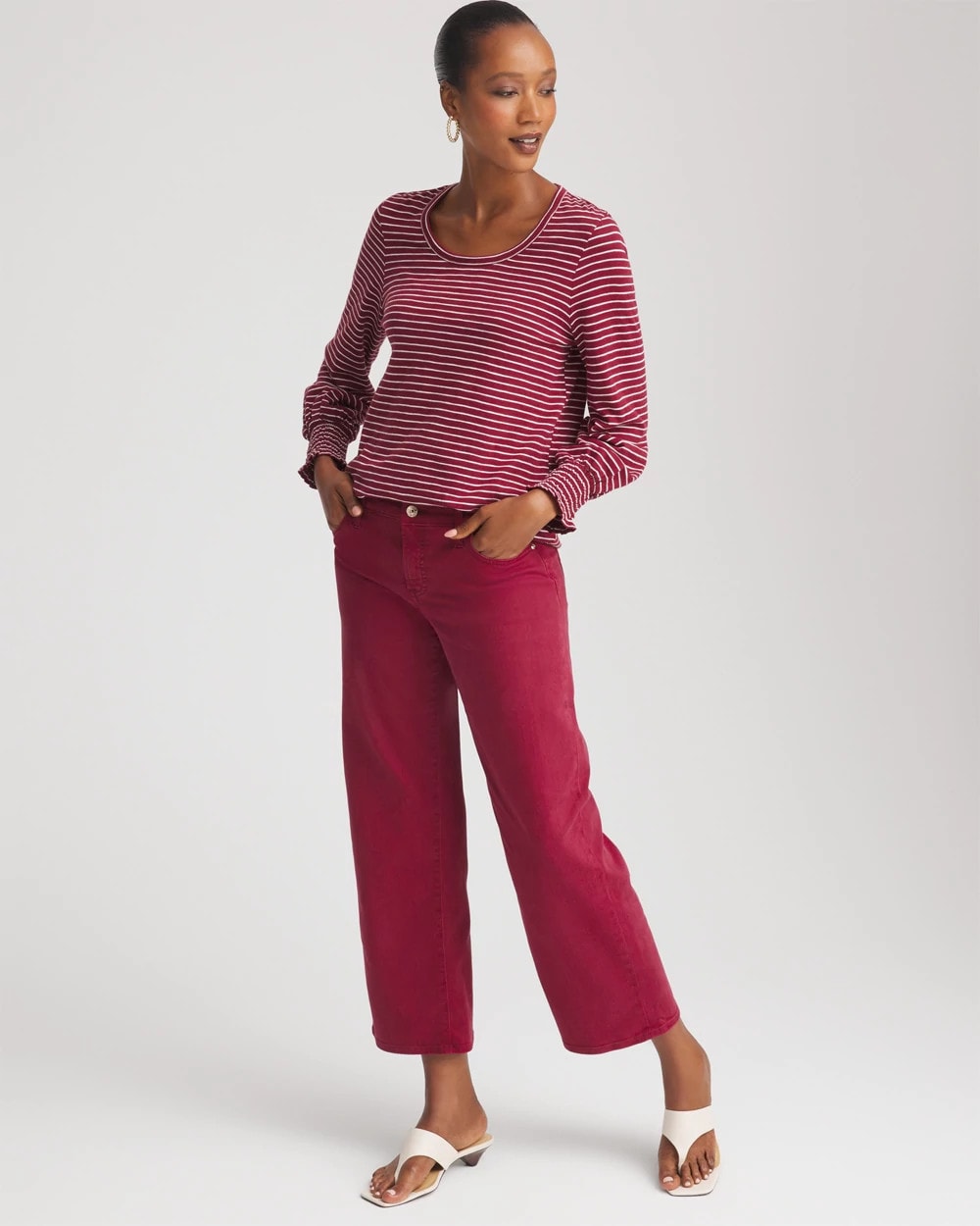 Russet Red Smocked-Sleeve Cotton-Slub Tee