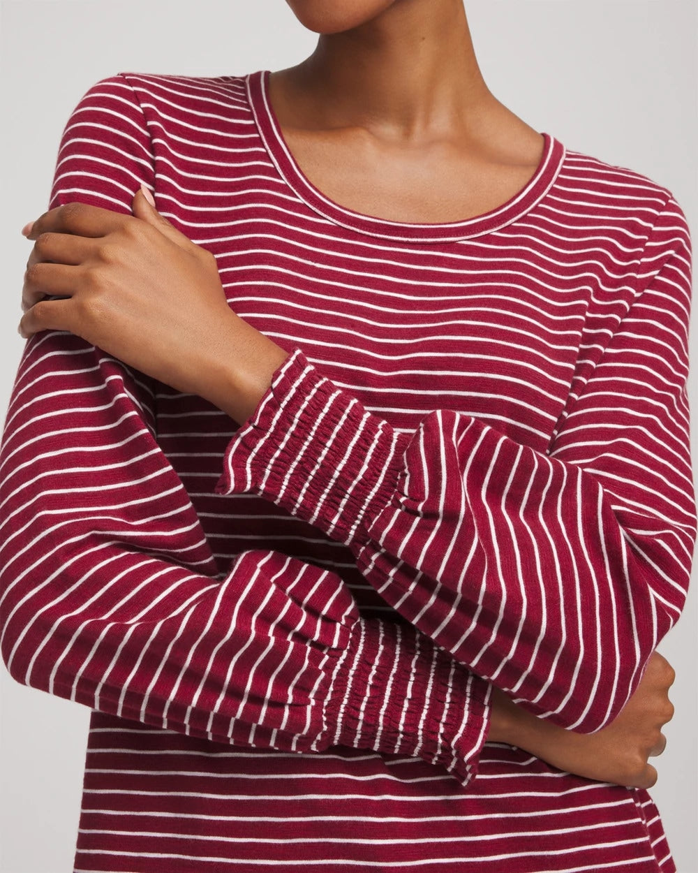 Russet Red Smocked-Sleeve Cotton-Slub Tee