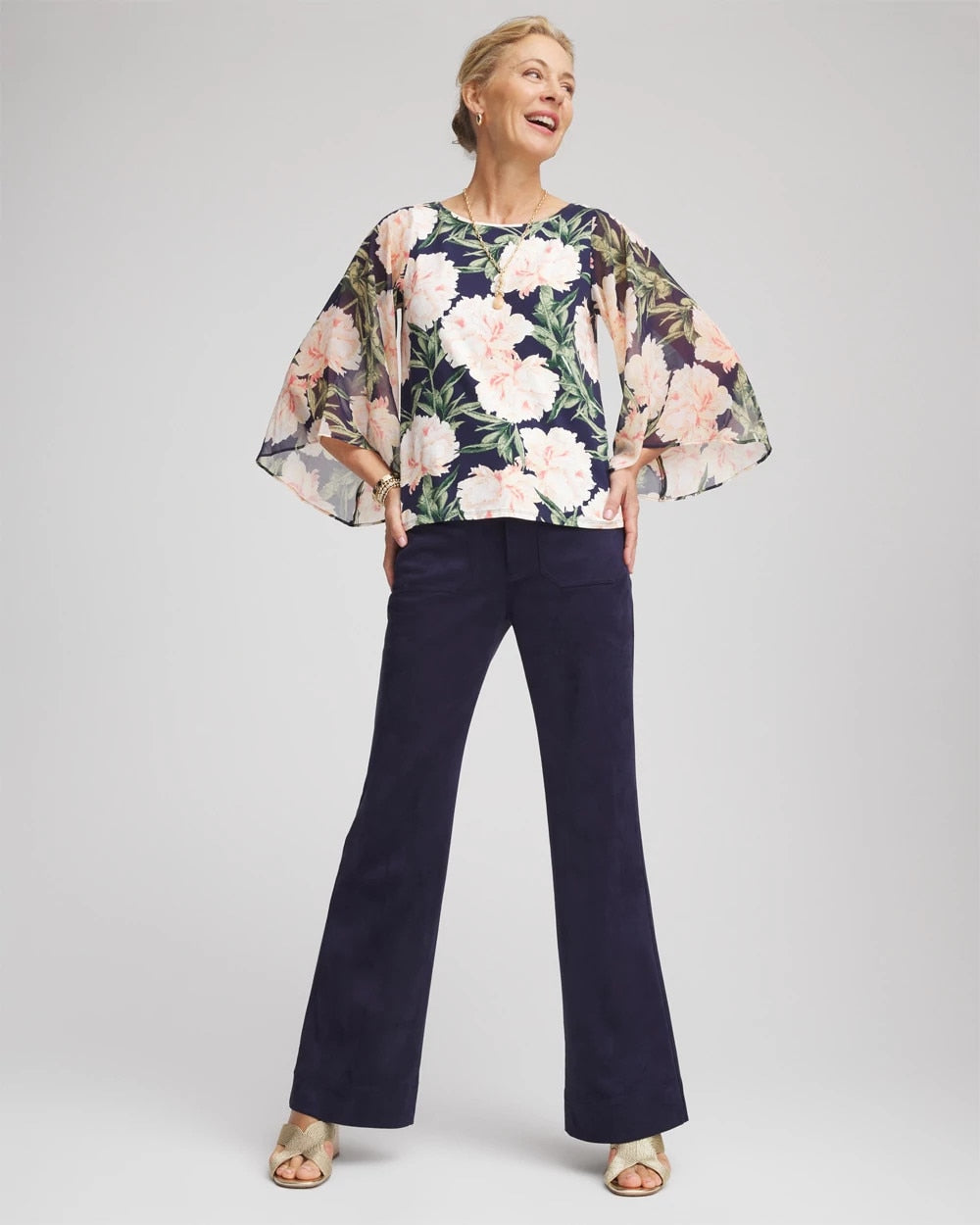 Darkest Spruce Georgette Angel-Sleeved Top