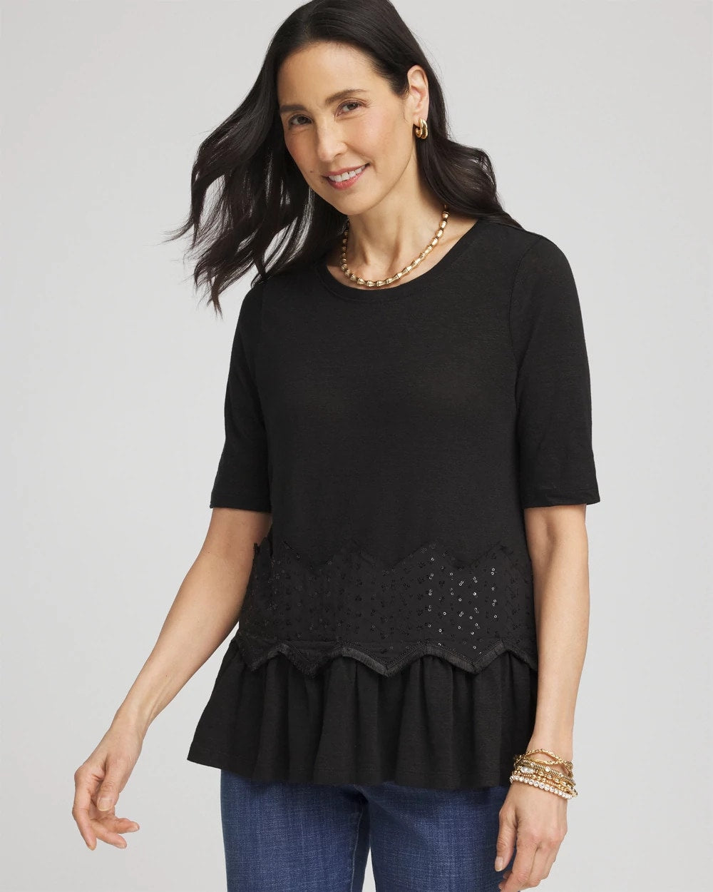 Black Chevron Sequin Peplum Linen Tee