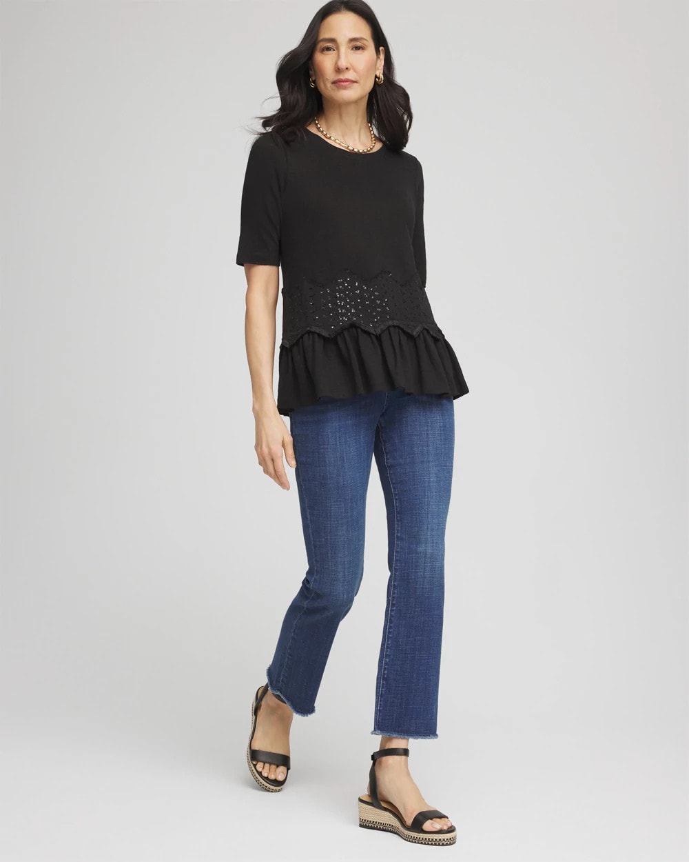 Black Chevron Sequin Peplum Linen Tee