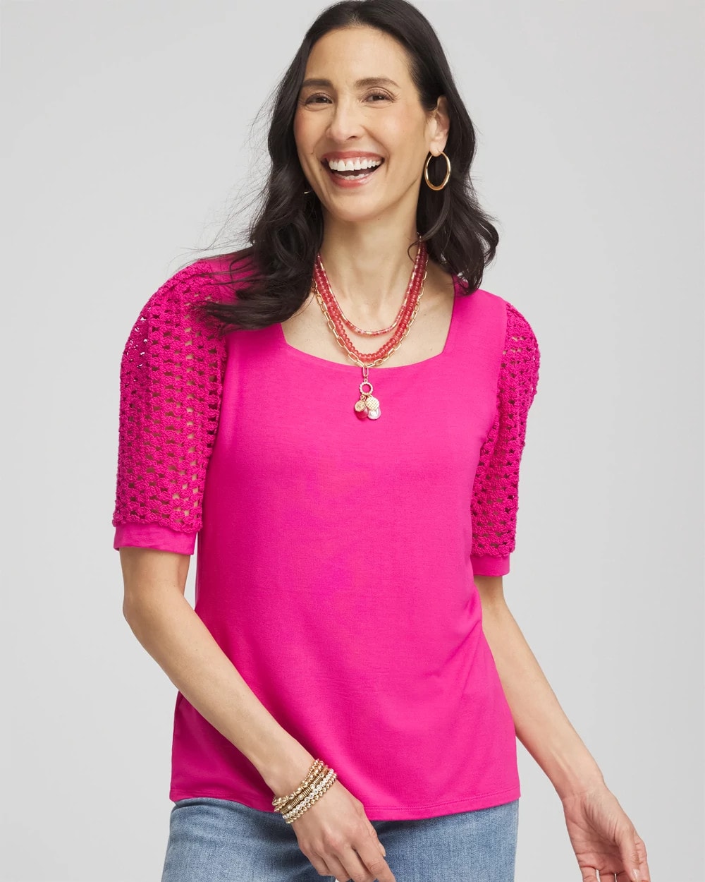 Crushed Berries Touch of Cool™ Crochet Lace Square-Neck Tee