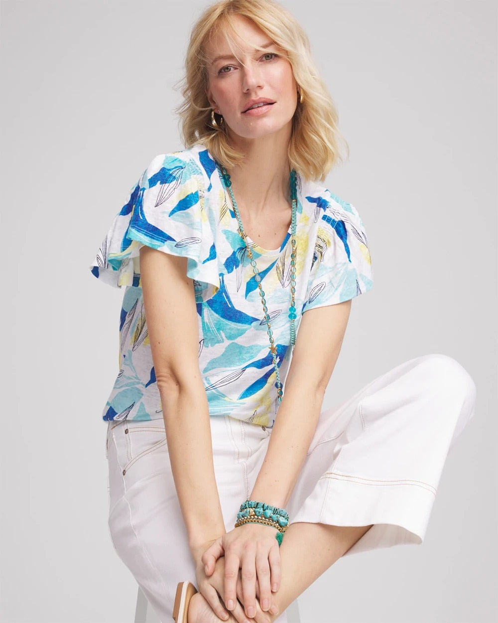 Alabaster Linen Smocked Flutter-Sleeved Tee