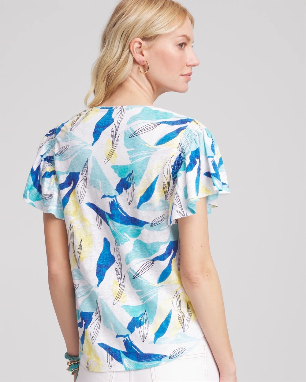 Alabaster Linen Smocked Flutter-Sleeved Tee