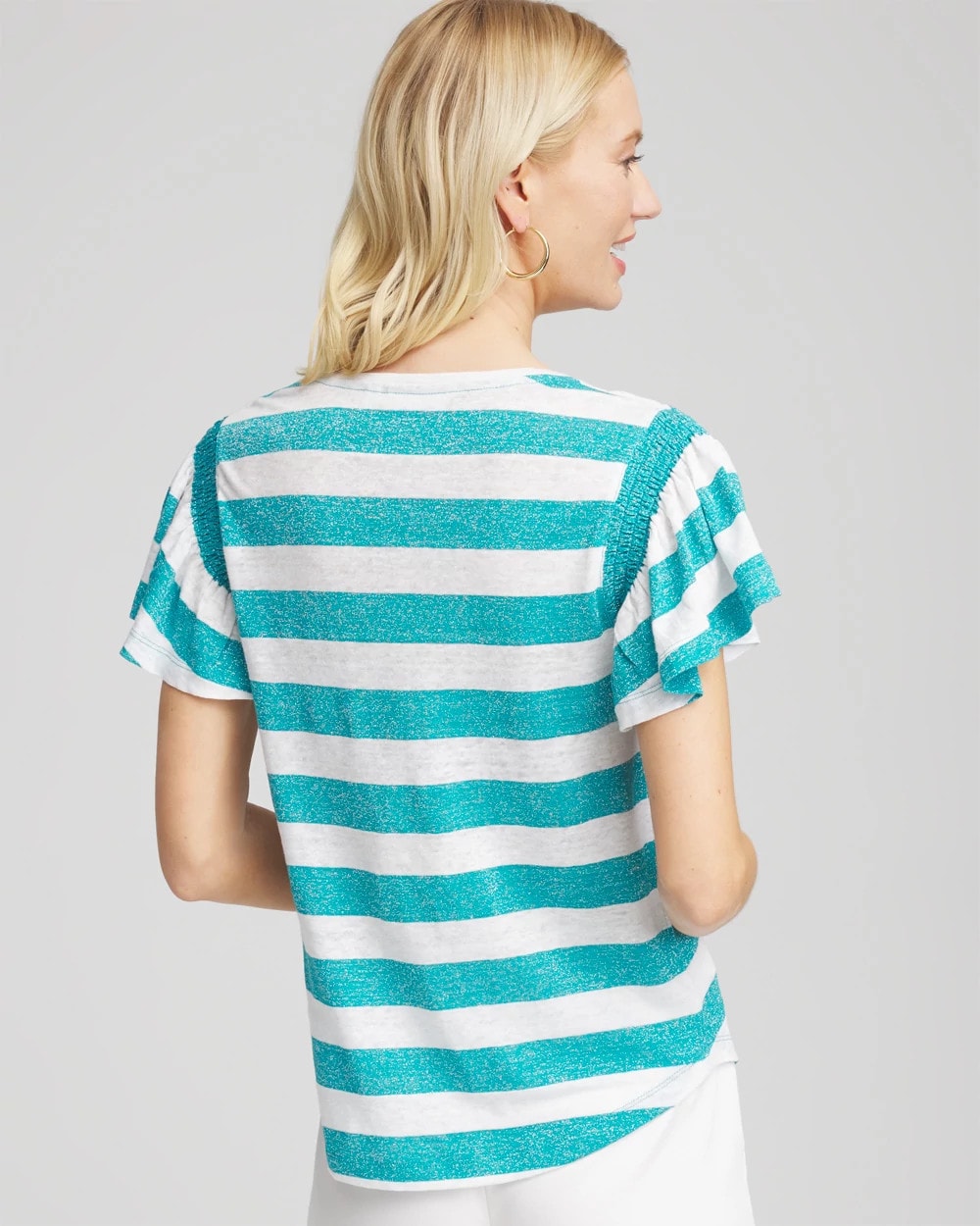 Seaspray Linen Metallic Striped Flutter-Sleeve Tee