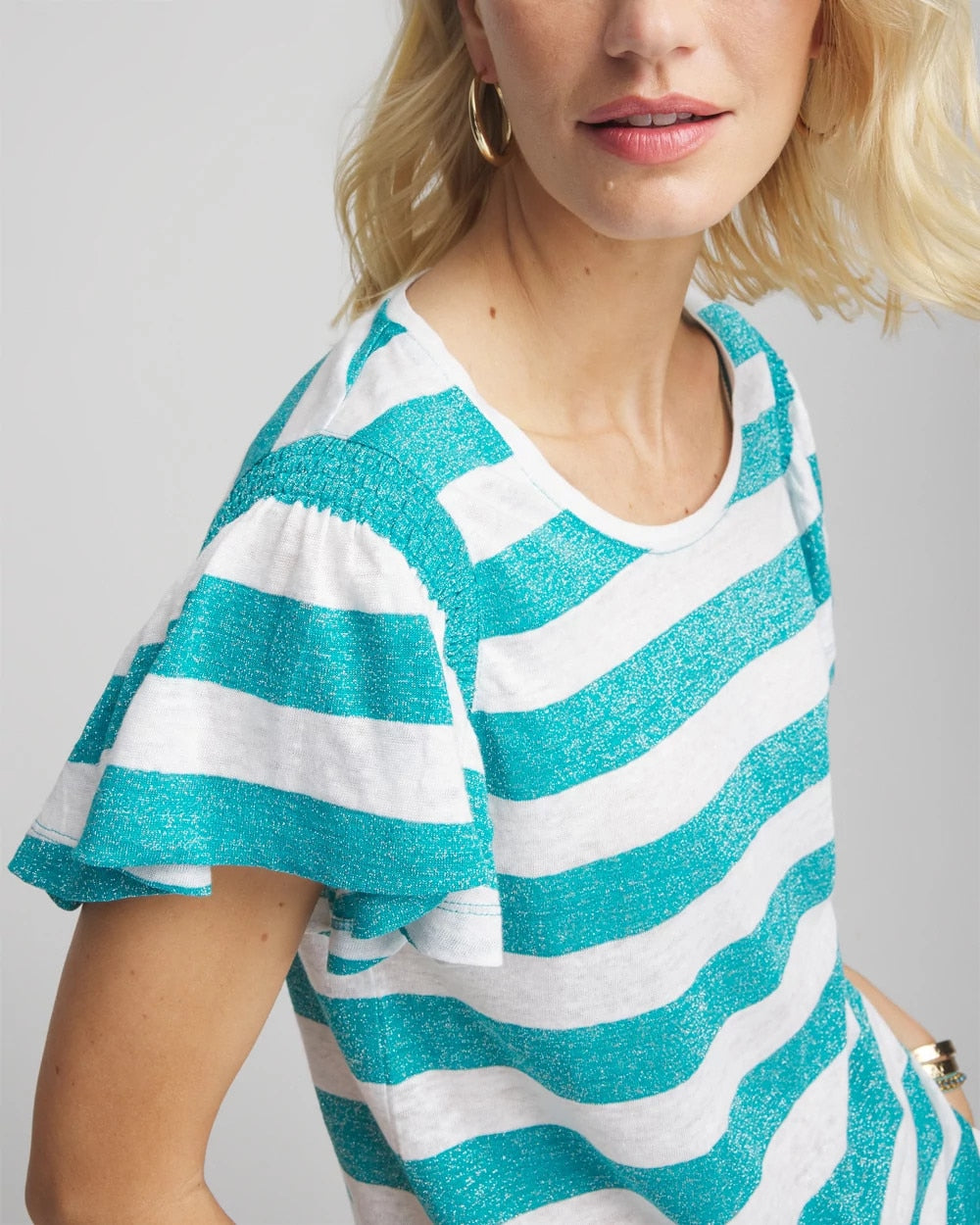 Seaspray Linen Metallic Striped Flutter-Sleeve Tee