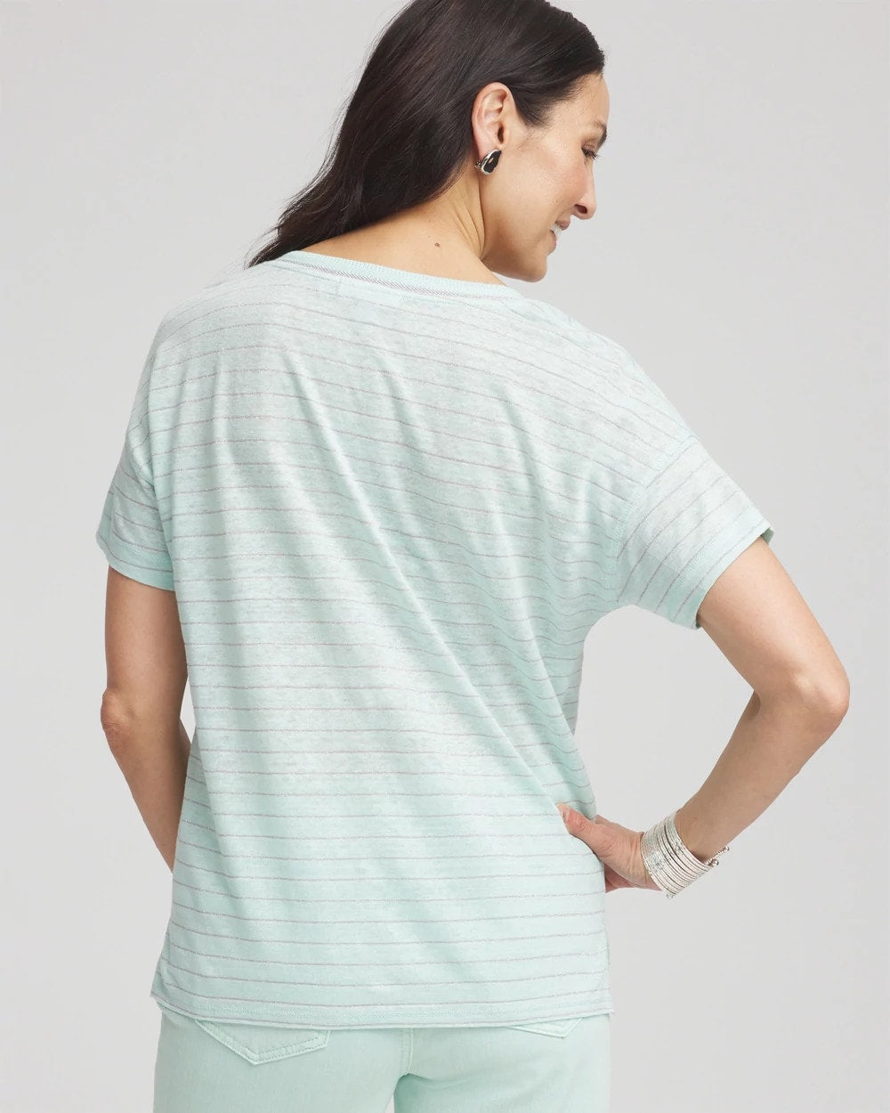Teal Waters Striped Sweater-Trim Linen Tee