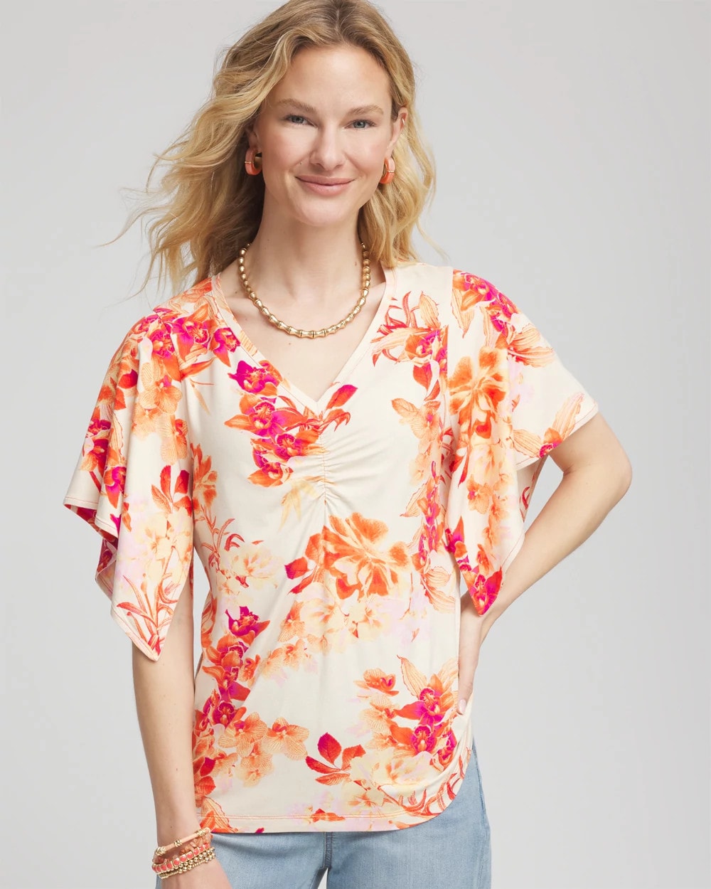 Sunset Peach Touch of Cool™ Handkerchief-Sleeve V-Neck Tee