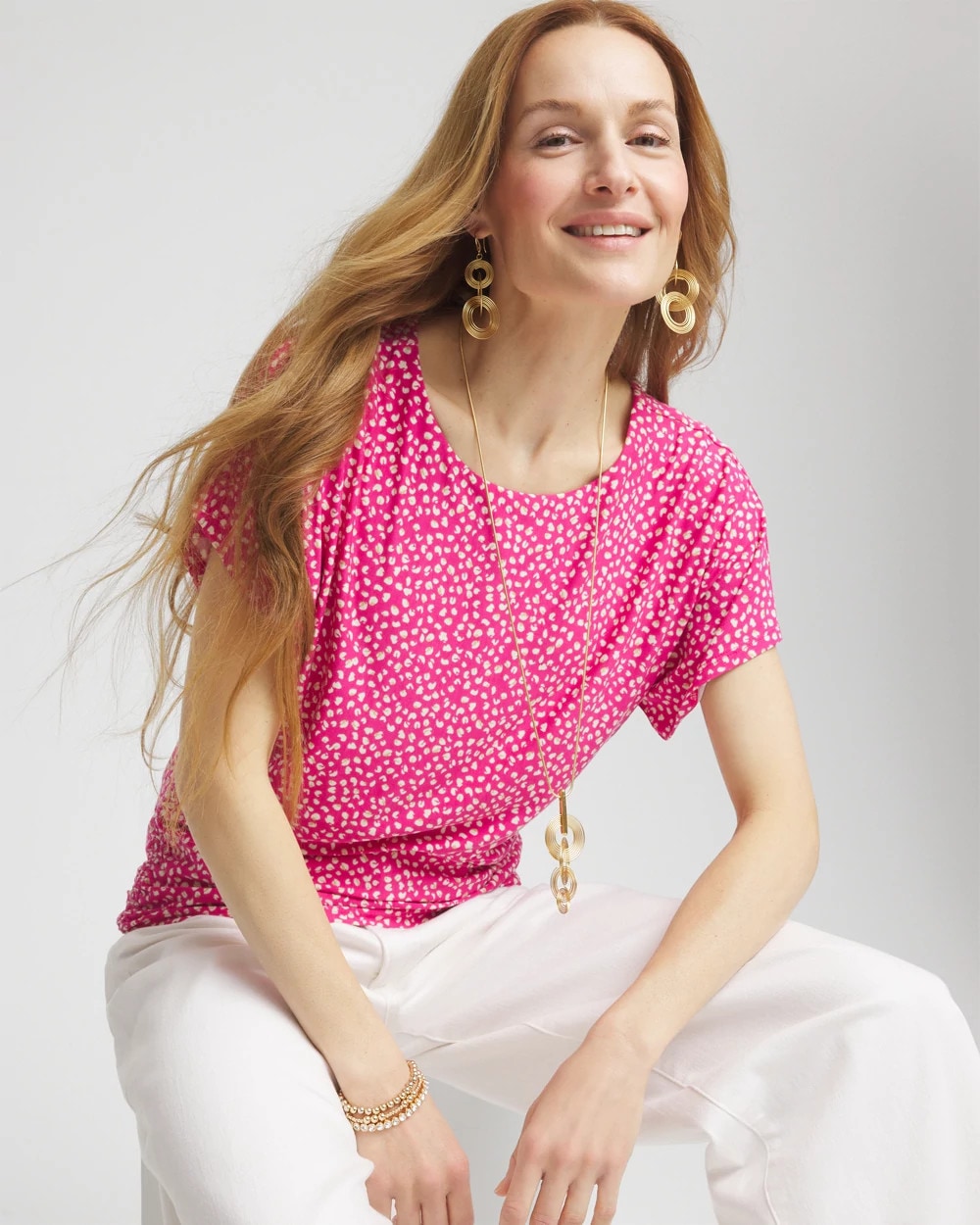 Crushed Berries Touch of Cool™ Cheetah Ruched Banded Hem Top