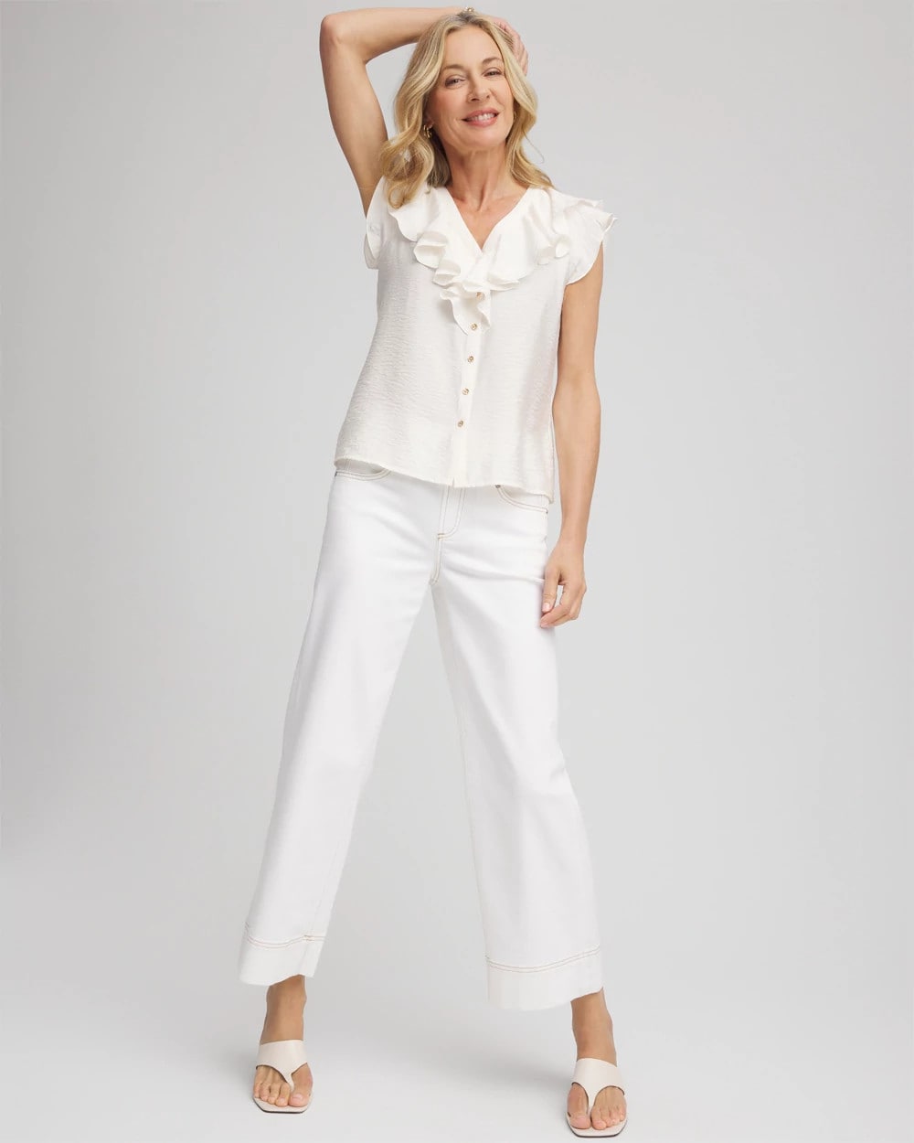 Ecru Crepe Ruffle-Trim Blouse