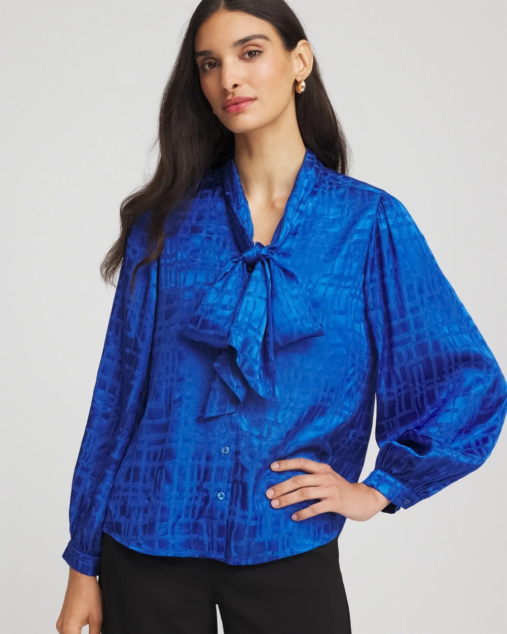 Cobalt Stone Jacquard Tie-Front Blouse