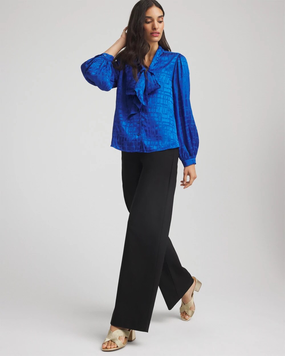 Cobalt Stone Jacquard Tie-Front Blouse
