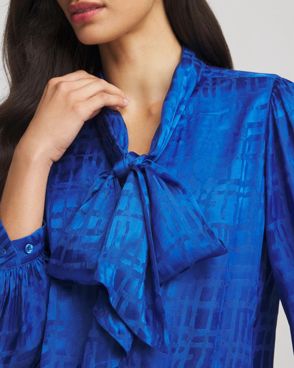 Cobalt Stone Jacquard Tie-Front Blouse