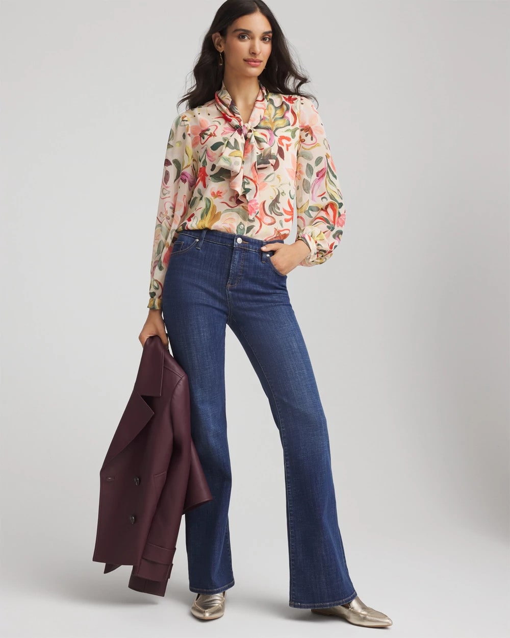 Cashew Floral Jacquard Tie-Front Blouse