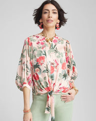 Coral Blossom Floral Satin Tie-Front Pullover Top
