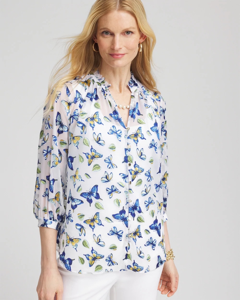 Blue Casa Ruffle Collar Butterfly Burnout Blouse