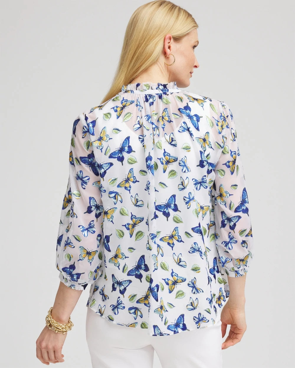 Blue Casa Ruffle Collar Butterfly Burnout Blouse