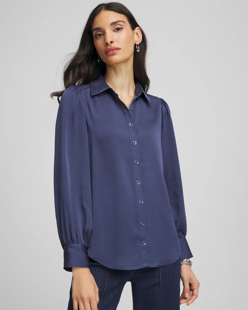 Indigo Sky Puff Sleeve Satin Blouse