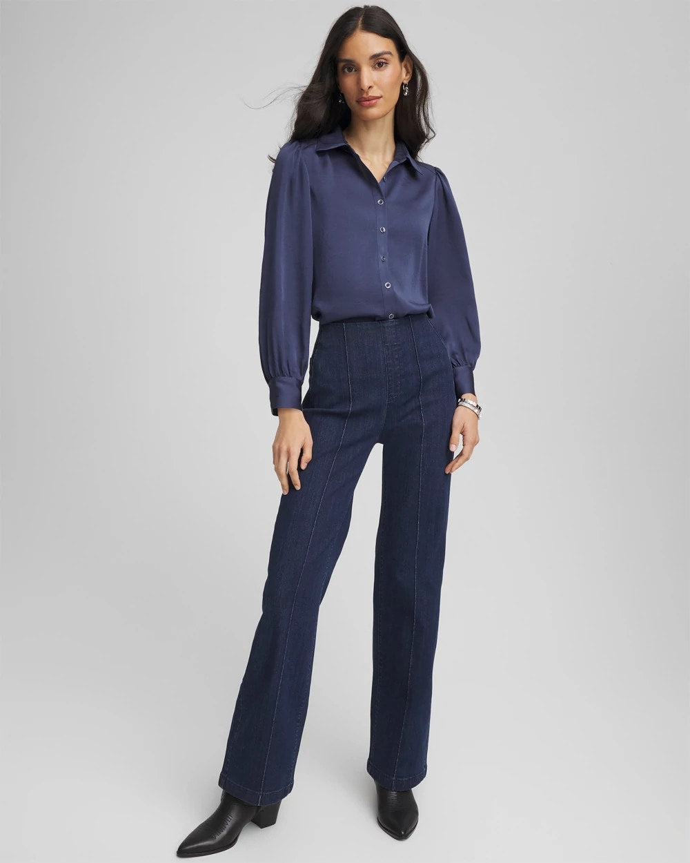 Indigo Sky Puff Sleeve Satin Blouse