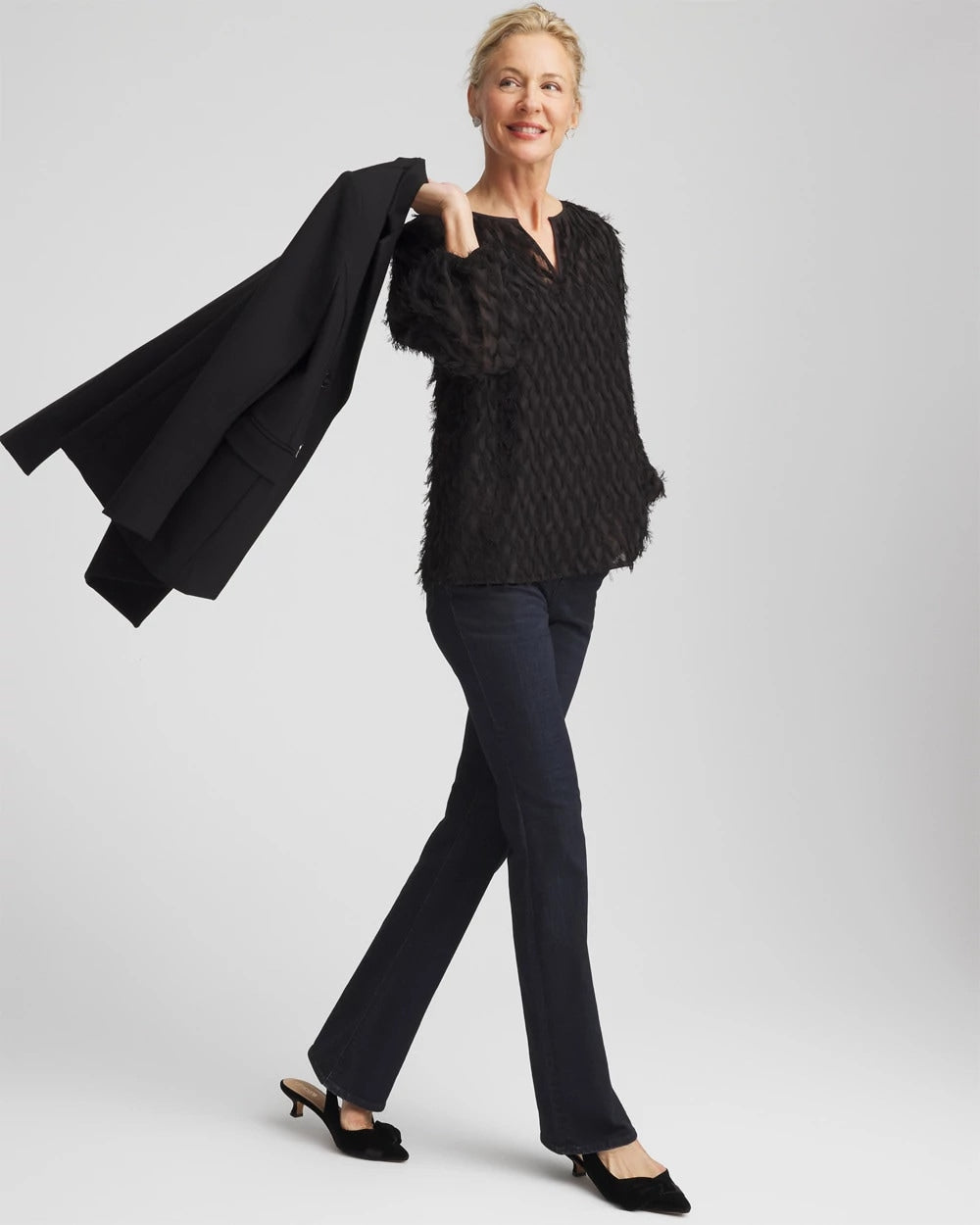 Black Feathered Pullover Peasant Blouse