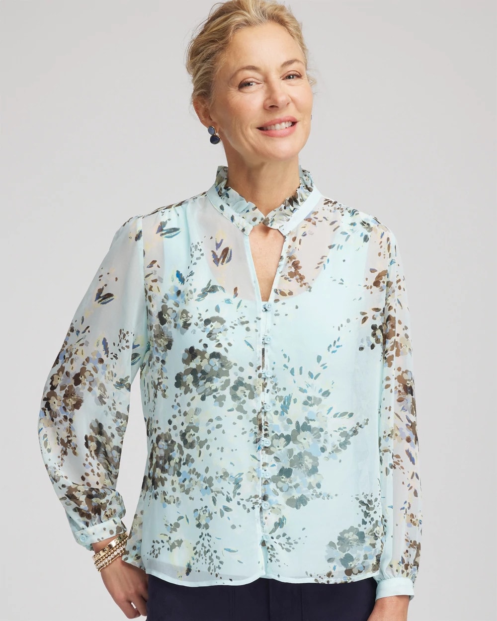 Blue Menthe Floral Georgette Peasant Blouse
