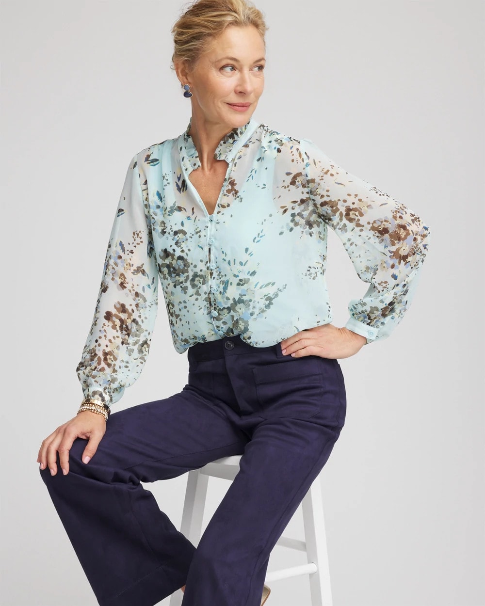 Blue Menthe Floral Georgette Peasant Blouse