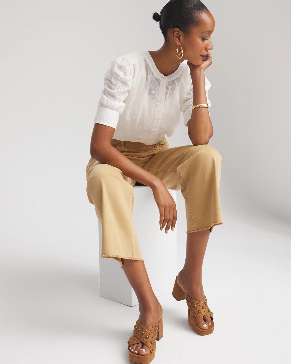 Ecru Chiffon Puff Sleeve Shirt