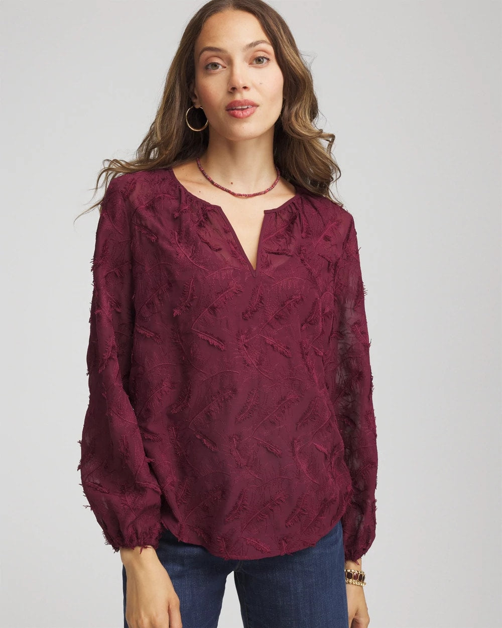 Deep Chianti Feathered Pullover Peasant Blouse