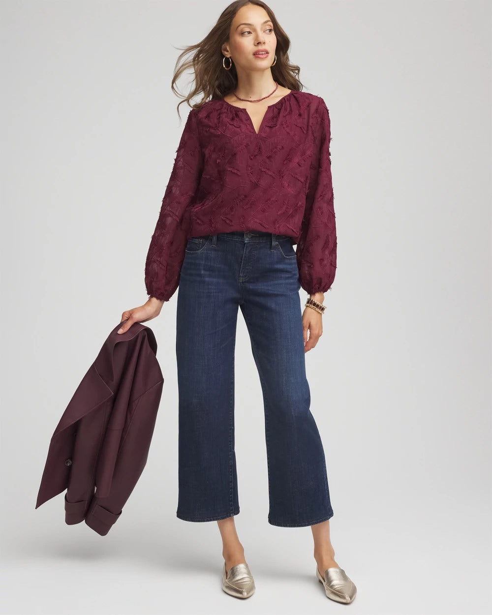 Deep Chianti Feathered Pullover Peasant Blouse
