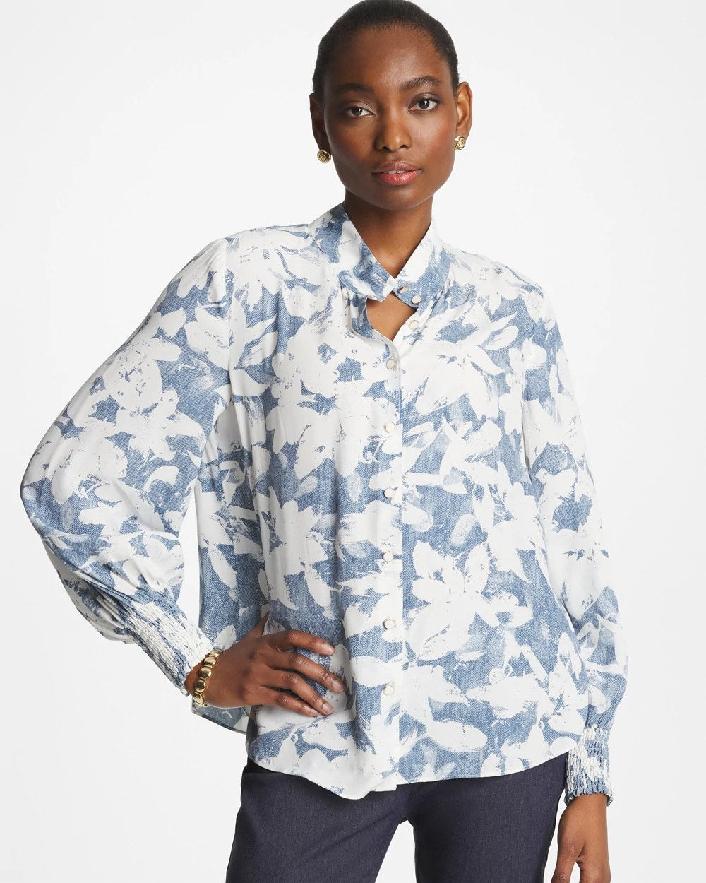 Tidal Blue Faux Silk Mockneck Blouse
