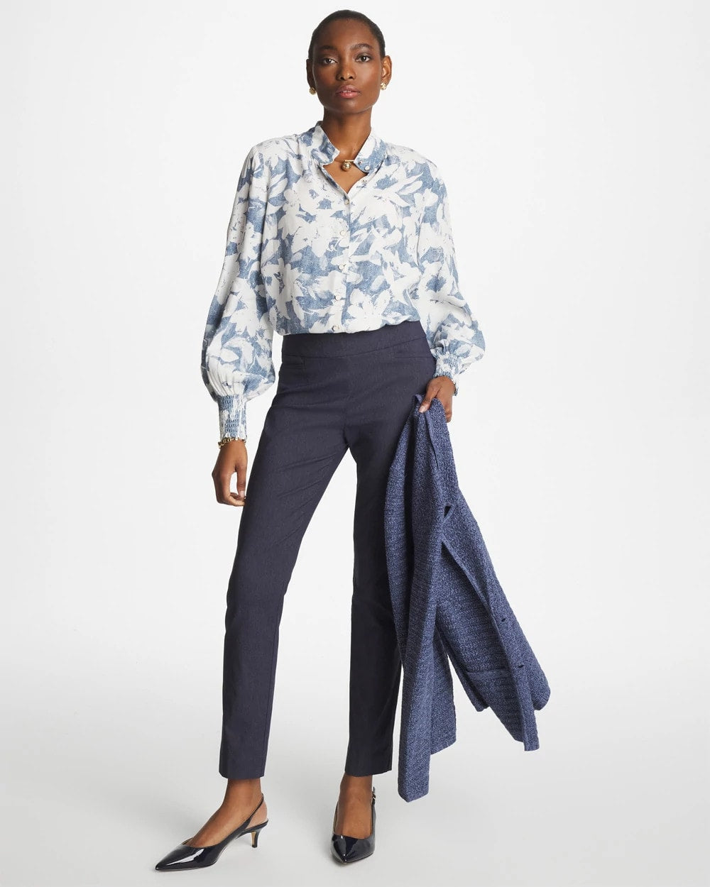 Tidal Blue Faux Silk Mockneck Blouse