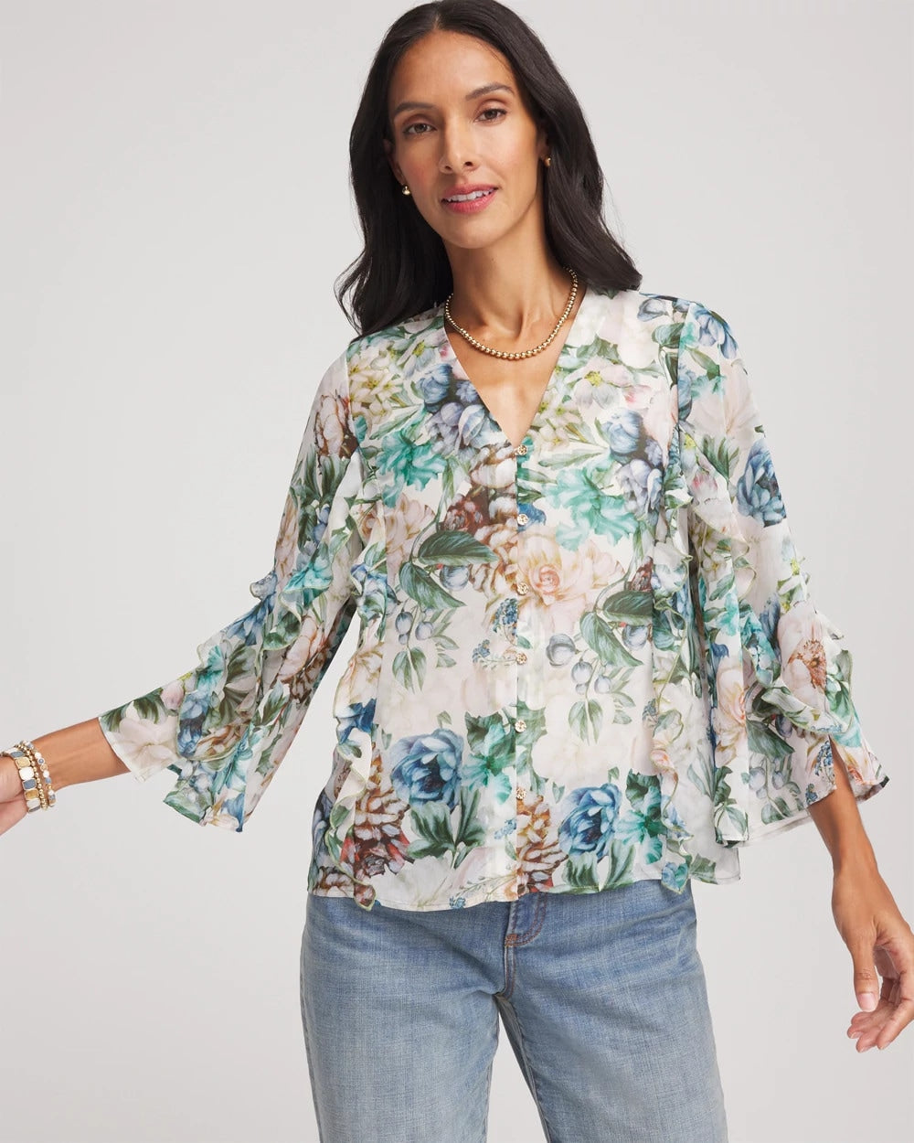 Rose Smoke Georgette Ruffled V-Neck Blouse