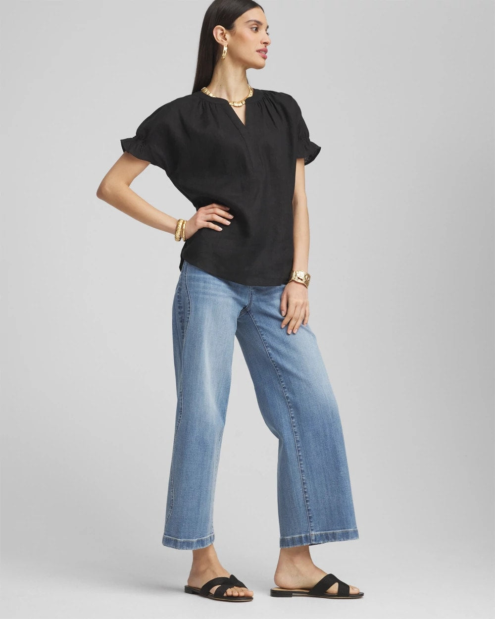 Black Linen Flutter-Sleeve Popover Top