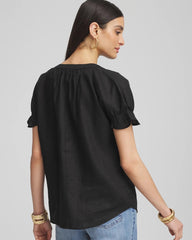 Black Linen Flutter-Sleeve Popover Top