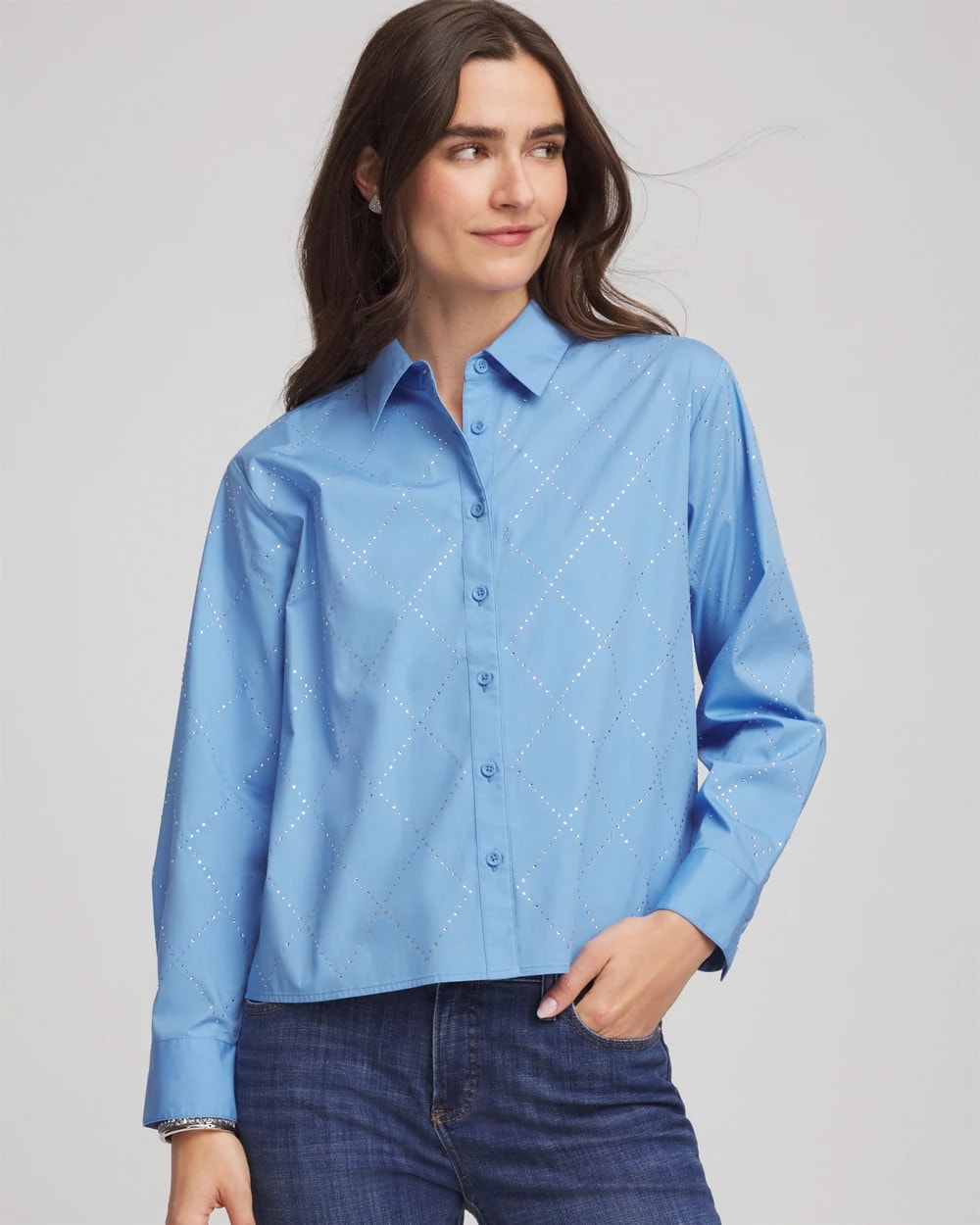 Tidal Blue Embellished Stretch Cotton Collared Shirt