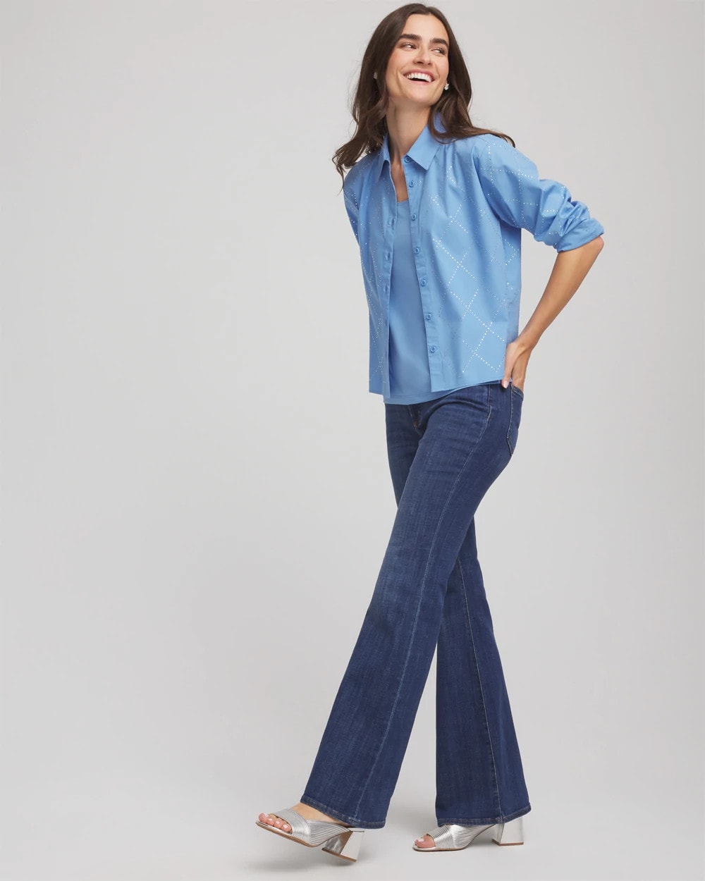 Tidal Blue Embellished Stretch Cotton Collared Shirt