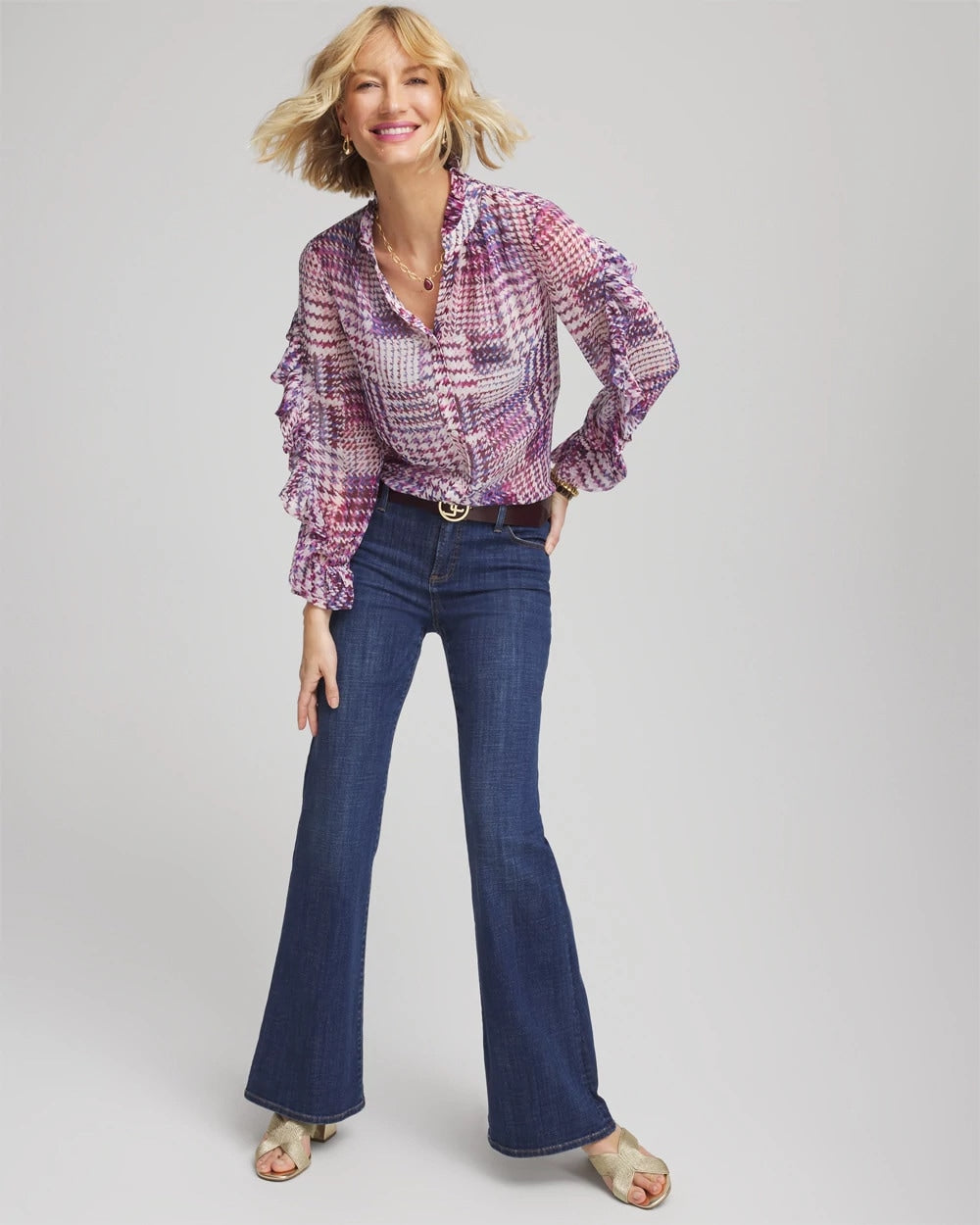 Gooseberry Gingham-Print Georgette Blouse